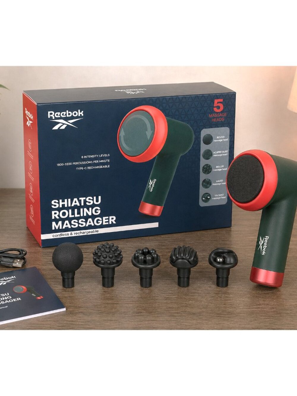 Reebok Shiatsu Rolling Massager Cordless Rechargeable 5 Heads Deep Tissue